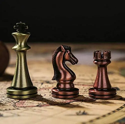 Artisanal Wooden Chess Board With Handmade Metal Pieces