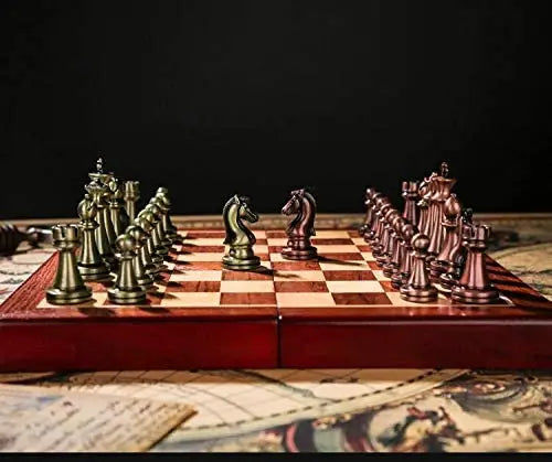 Artisanal Wooden Chess Board With Handmade Metal Pieces