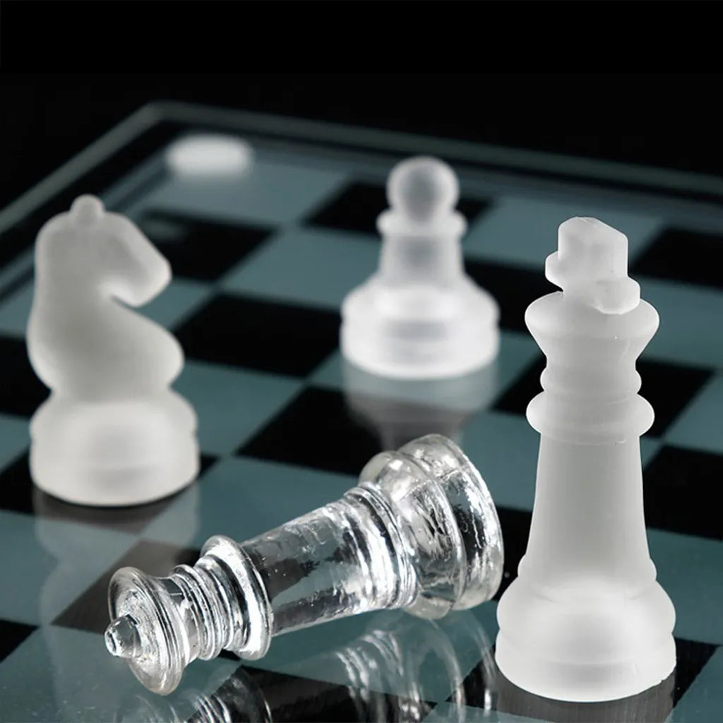 Glass Chess Set with Clear Frosted Glass Pieces