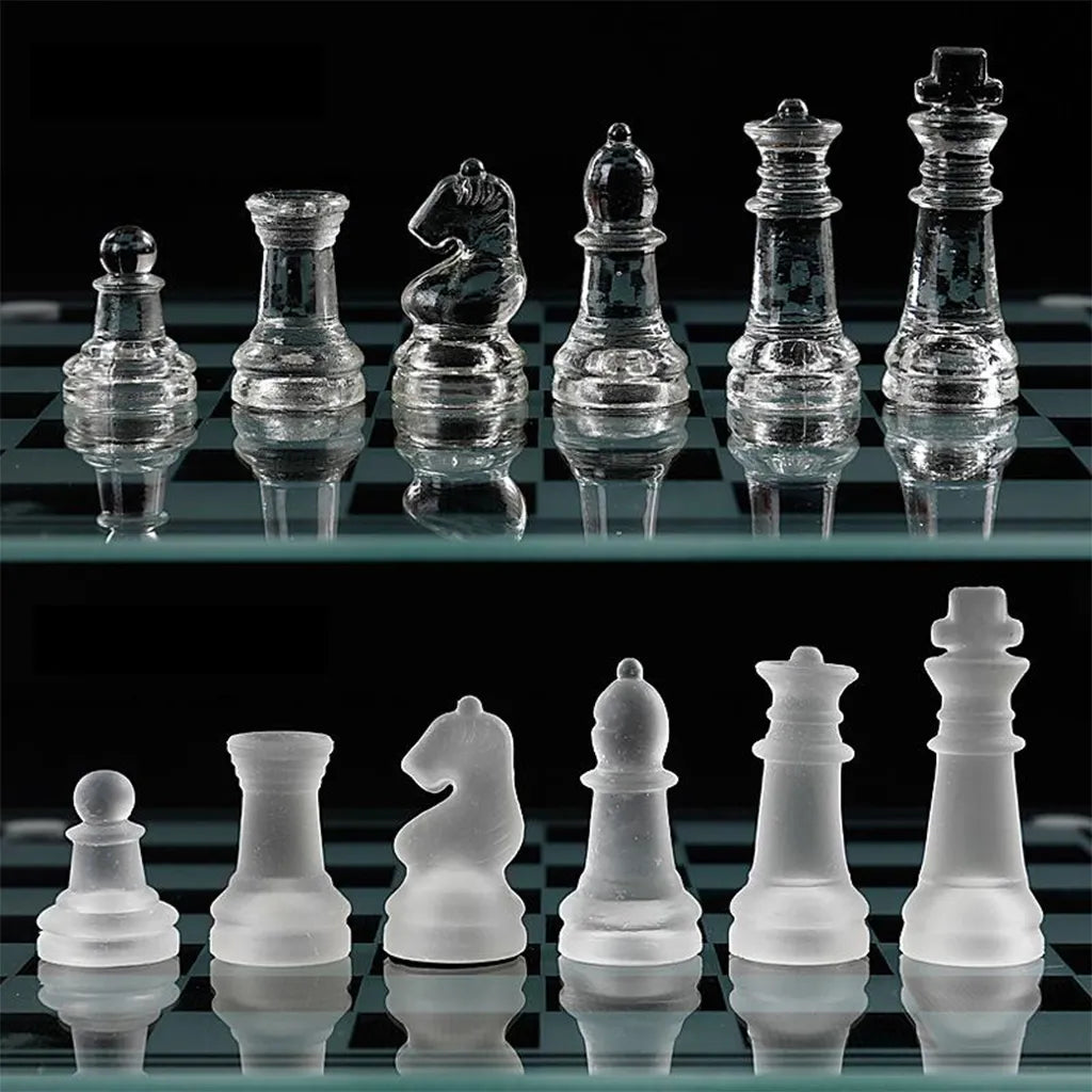 Glass Chess Set with Clear Frosted Glass Pieces