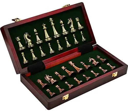 Artisanal Wooden Chess Board With Handmade Metal Pieces