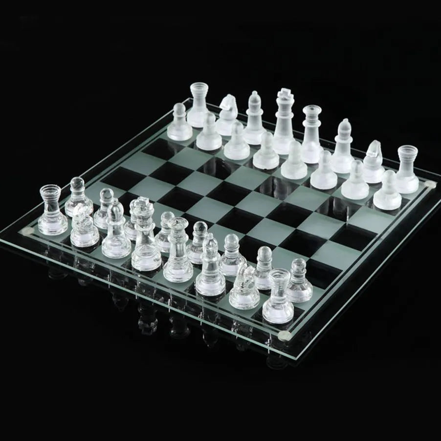 Glass Chess Set with Clear Frosted Glass Pieces